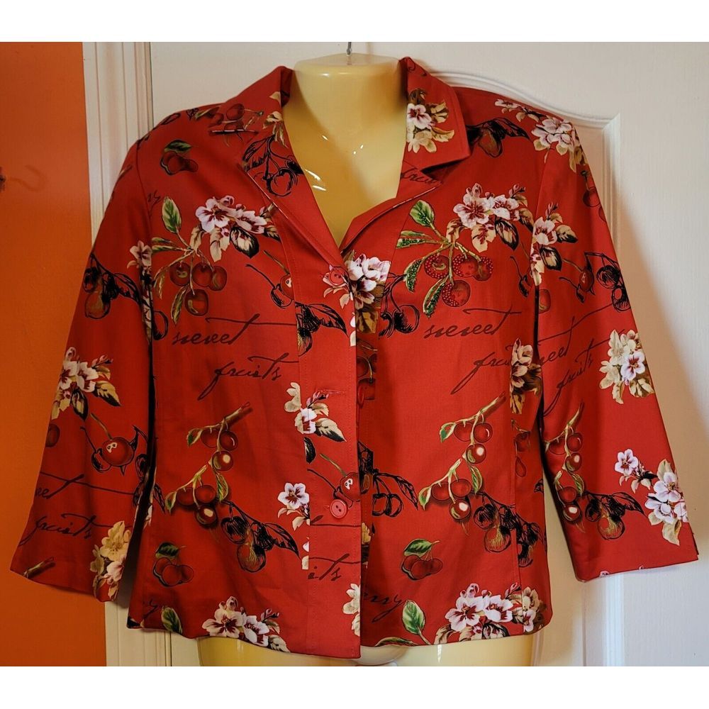 Nancy Bolen City Girl | Red Cherry Print Beaded‎ Blazer Jacket | Size 4